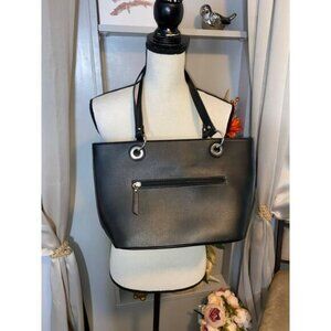 Nicole Miller New York Black W/ Silver Logo Zipper Pockets Top Handles Handbag